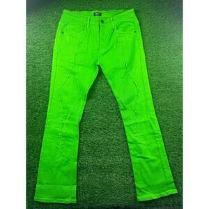 NovaMen 36 Dia Flare Pants Neon Green Stacked Distressed Denim Jeans Casual wear